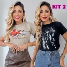 Kit 2 Blusas Feminina Estilo Country T-shirt Moda Rodeio Algodão Camiseta Premium Cowgirl