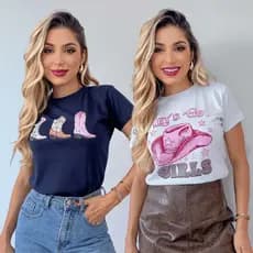 Kit 2 T-shirts Country Moda Feminina Blusa 100% Algodão Camisetas Confort Western Rodeio