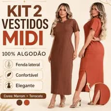 Kit 2 Vestido Feminino Fenda Lateral Elegante 100% Algodão Manga Curta Social Trabalho
