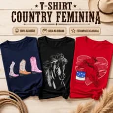 Blusa Country Feminina T-shirt Moda Country Cavalo com Strass Rodeio Western 100% Algodão Premium