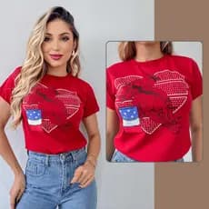 Blusa T-shirt Feminina Moda Country Coração e Cavalo Strass Algodão Premium