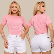 Blusa Camiseta Listrada Manga Curta P ao GG T-shirt Casual Babylook Gola Ribana Moda Verão Oferta