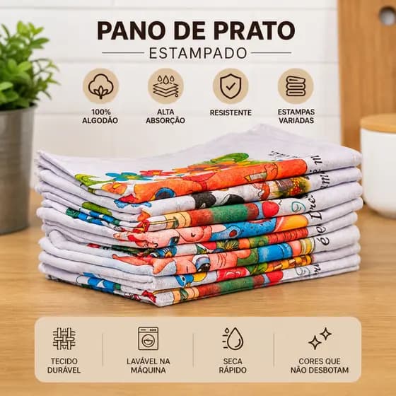 Kit 5/10 Panos de Prato Estampados com Bainha – 100% Algodão, Alta Absorção, Resistentes e Duráveis