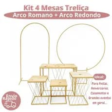 Kit Completo 4 Mesas Treliça + Painel Arco Romano Redondo Desmontável Festas Decoração