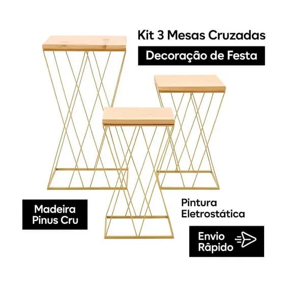 Trio de Mesa em Ferro Treliça Cruzada 3 Peças Festa Eventos Decoração