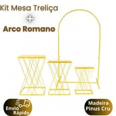 Trio Mesa Ferro Treliça Cruzada + Painel Arco Romano 2X1 Decoração Festa