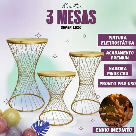 Trio de Mesas Dourado Trançados em Ferro Festas e Decoração
