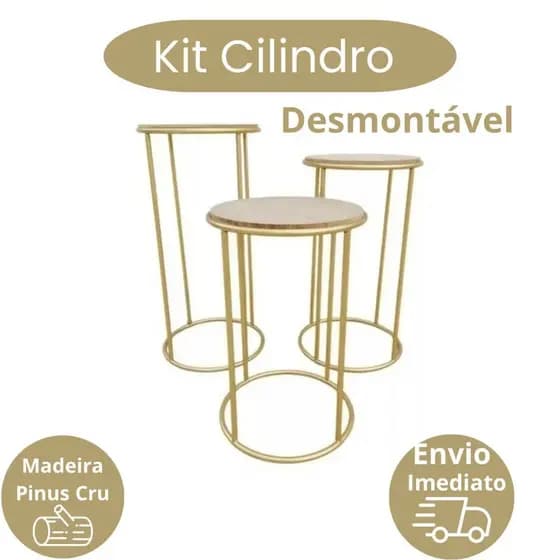 Kit 3 Mesas Cilindros Dourada Desmontável em Ferro Decoração Festas