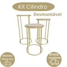 Kit 3 Mesas Cilindros Dourada Desmontável em Ferro Decoração Festas
