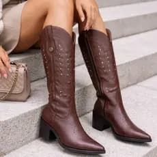 Bota Feminina Texana Luxo Western Bico Fino Cano Alto Couro Premium Confortável Promoção