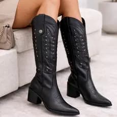 Bota Feminina Cano Longo Texana Western Confortável Couro Legitimo Moda Fashion Lançamento