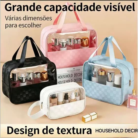 Kit 3 Peças Necessaire de Maquiagem Transparente Xadrez Grande Capacidade, Bolsa de Viagem para Cosméticos, Várias Cores