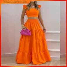 Conjunto De Saia Longa Casual Feminina De Verão Com De Pescoço Quadrado Top