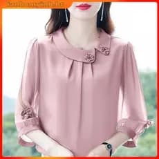 Camisa De Cor Sólida Da Moda Com Mangas 3/4 Chiffon Top