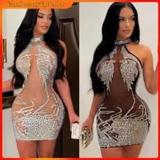 Mini vestido feminino sem mangas de malha alta elástica perspectiva strass  bodycon para noite / festa / clube