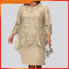 [O-neck Highwaist Plus Tamanho Vestido Midi Bordado Em Renda 3/4 Sleeve Lady De Noite Feminino