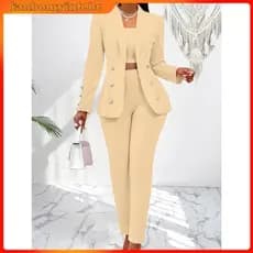 Conjunto Neopreme (Blazer + Calça + Cropped) Alfaiataria Casaco Social Feminino Acinturado com Botões Sobretudo Bleizer