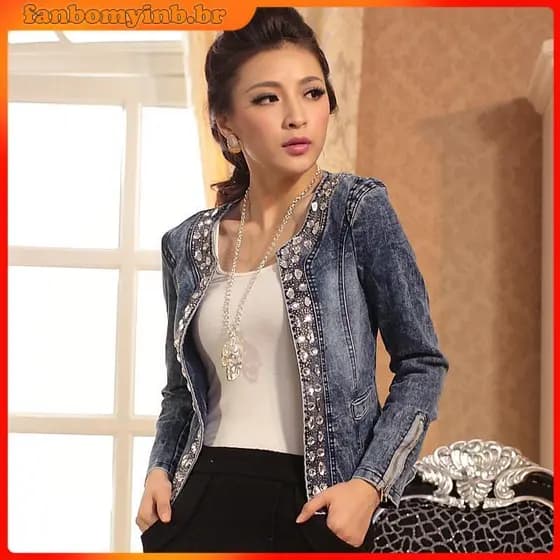 Jaqueta / Casaco Feminino Com Diamantes Do Vintage / Jaquetas Jeans / Casual Para Mulheres P-4Xg