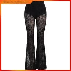 REBUY4E Calças Femininas Punk Góticas , Transparentes De Retalhos Y2K Com Renda Flare Pretas Longas Harajuku