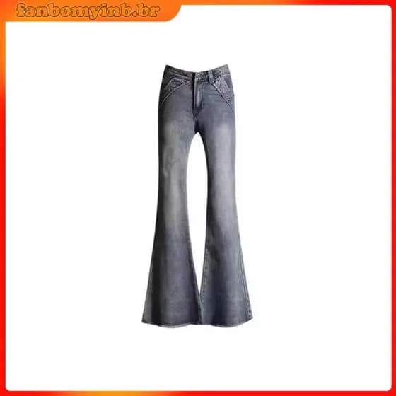 Calças Jeans Flare Retro de Cintura Baixa Americanas para Mulheres com Sentido de Design, Patchwork, Bordas Desfiadas, M