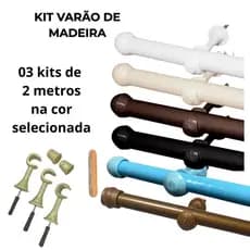 Kit com 3 Varões de Madeira Para Cortina Simples 2,00 Metros 19mm Varão com Ponteira e Suporte