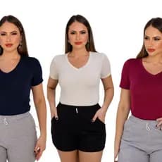 Kit 3 Blusinhas Feminina Baby Look Gola V em Visco Lycra com Toque Suave e Ajuste