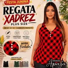 Regata Plus Size Xadrez Feminina G1 ao G5 – Tecido Duna Leve – Não Marca – Caimento Perfeito Tendencia Festa Junina