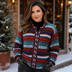 Casaco Peruano Feminino de Tricô Jacquard com Zíper  Estilo Andino | Conforto Artesanal