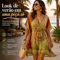 Kaftan Feminino Curto Estampado | Saída de Praia | Vestido Verão Bata Indiana