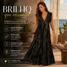 Vestido de Festa Midi Paetê Boho Chic Decote V brilho sofisticado para eventos, formaturas, casamentos e festas elegante