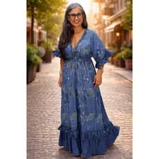 Vestido Longo Jeans Bordado Indiano Feminino Manga Solta Boho Hippie Moda Feminina Evangélica Tam Único (M.G.GG)
