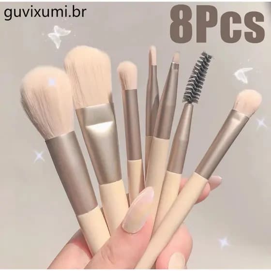Kit 8 Pincéis de Maquiagem Profissional Blush Pó Sombra Contorno e Iluminação