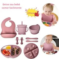 kit 8 Peças Talheres alimentação bebê silicone kit Talheres Infantil Com Ventosa Canudo Colher Babador Garfo