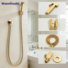 Chuveiro Higiênico Banheiro Completo Quadrado Aço Inoxidável Metal Ouro De Luxo
