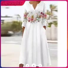 Vestido Longo Feminino Pescoço em V Impresso Manga Solta