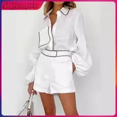 Conjuntos Femininos De Verão De Algodão E Linho De Manga Comprida De Moda casual , Preto Branco , Camisa + shorts Larga