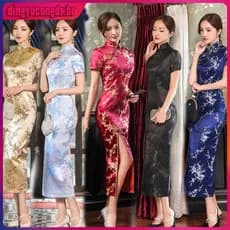 Vestido Longo Feminino Vintage Plus Size Manga Curta Cheongsam Tradicional Chinês