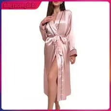 Robe de manga longa de cetim resistente elegante, decote em v e cinto-pijama de luxo feminino, máximo conforto e estilo