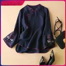 Bordado Vintage Estilo Mulher Solto Cheongsam Camisa Manga Longa Feminina