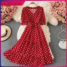 2024 Vestido Longo Feminino Com Estampa De Bolinhas/Francês/Gola V/Manga Curta/Casual