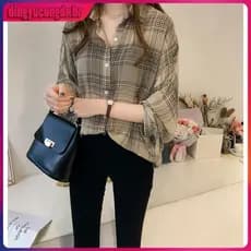 Trtn Camisa Feminina Xadrez Manga Morcego De Chiffon Plus Size Tartan Blusas