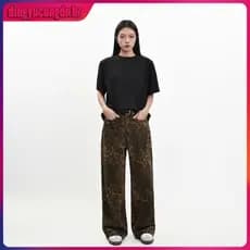Calça Jeans De Perna Larga Para Mulheres/, Folgada De Cintura Alta Retro Leopardo Impressão Ganga
