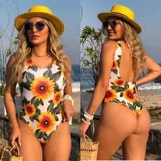 Body Maiô Estampado sem Fecho Entrepernas de Suplex Cavado com Elástico nas Costas Moda Feminina