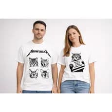 Kit 2 Camisetas Estampadas Unissex Rock Gato 100% Algodão