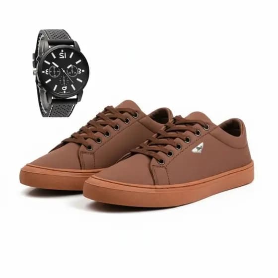 Kit Sapatenis Masculino Casual Confortável + Relógio Masculino de Ponteiro Social Elegante Promoção