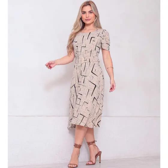 Vestido Feminino Evangélico Casual Elegante Manga Bufante Gola Redonda Cinto Removível Confortável Moda Feminina