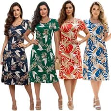 Vestido Feminino Casual Midi Soltinho Malha Fria Estampa Tropical Listrado Senhoras Manga Curta Dia a Dia