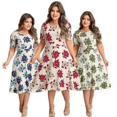 Vestido Feminino Midi Evangélico Floral Casual Elegante Manga com Detalhe