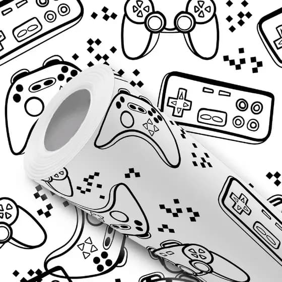 Papel de Parede Vinílico Gamer Preto Branco Controle Fácil de Aplicar