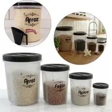 Kit Potes Mantimentos Preto 5 Peças Arroz Feijão Açúcar Café